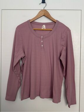 Pact Shirt Top Womens Sz XXL Pink Lilac Henley Ribbed Long Sleeve Organic Cotton